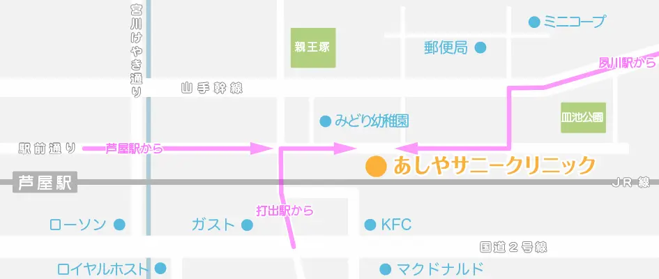 芦屋サニークリニック周辺のアクセス地図（芦屋駅・打出駅・夙川駅からの道順付き）
